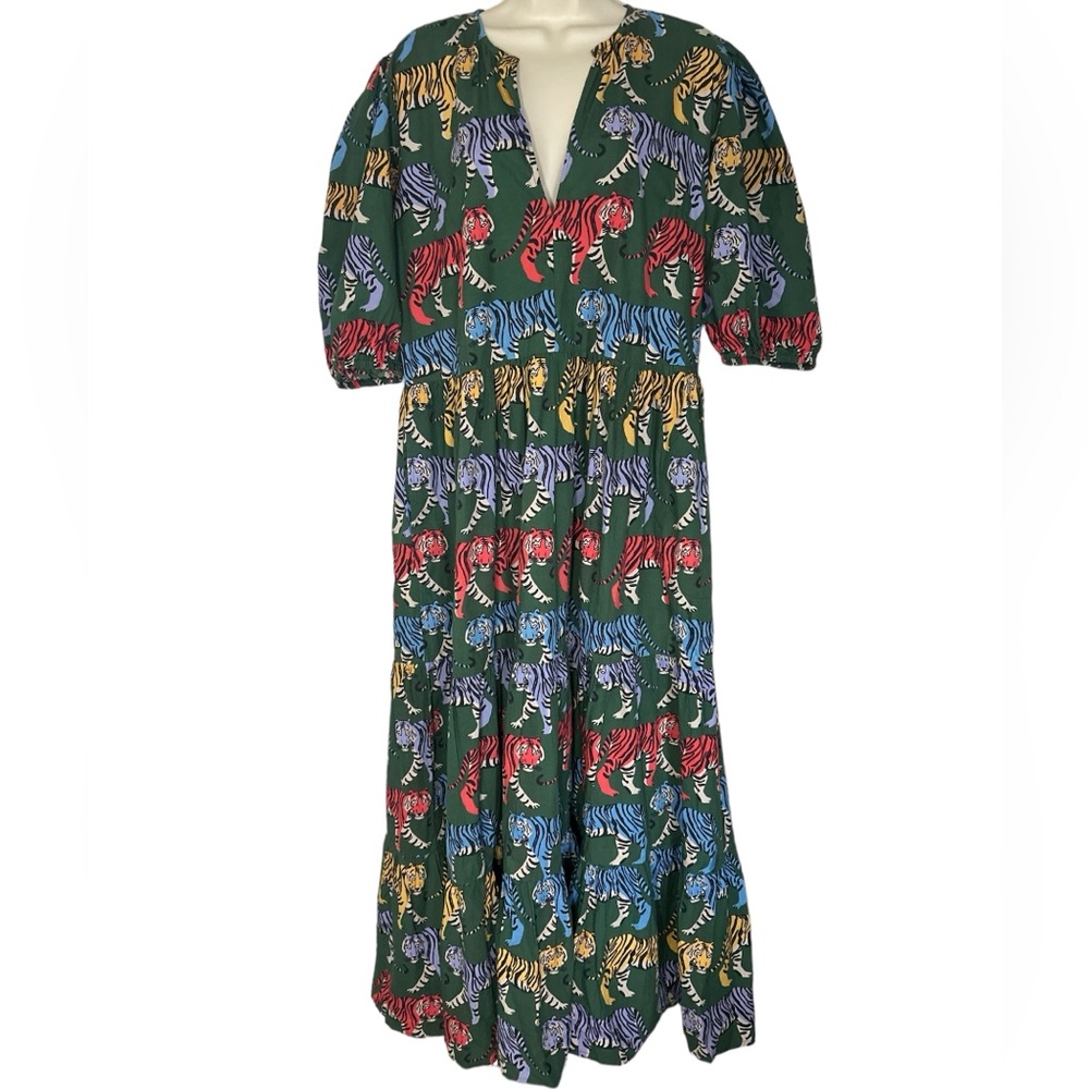 Oliphant Green Maxi Dress with Red, Blue, Yellow, Purple Tiger Print